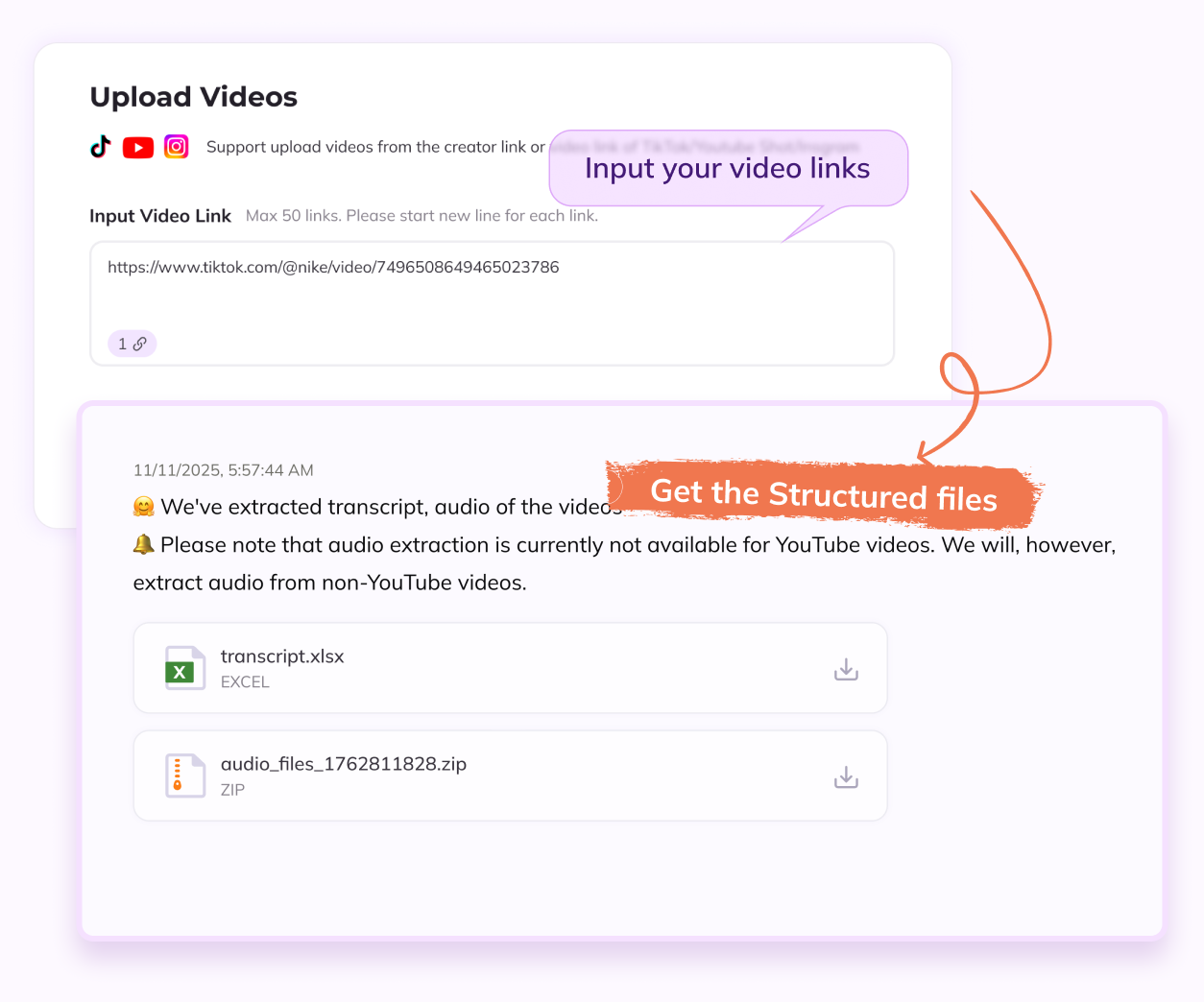 Get transcription & audio instantly
